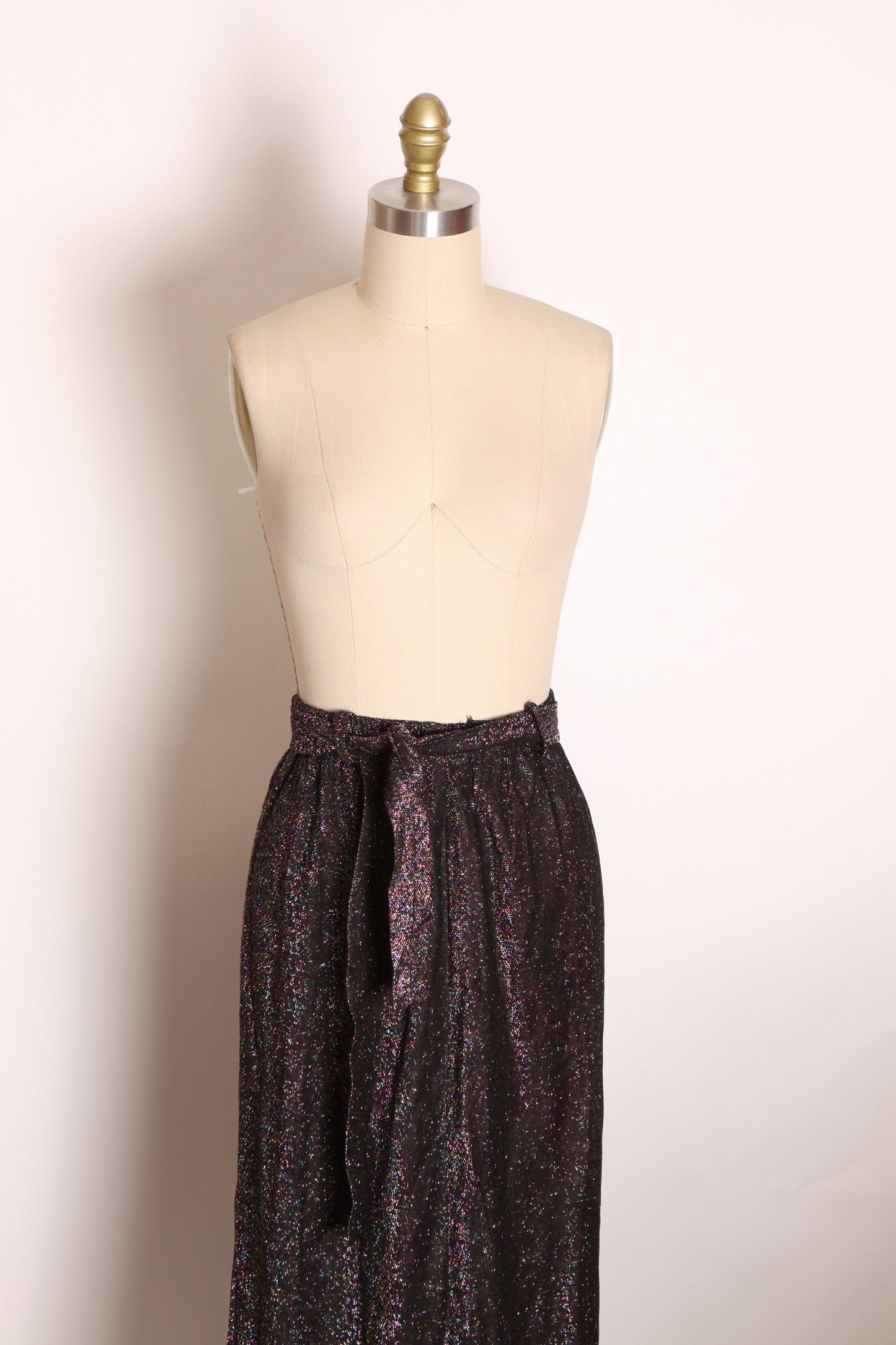 1960s 1970s Black and Rainbow Metallic Lurex Ankle Length Belted Skirt -S-M