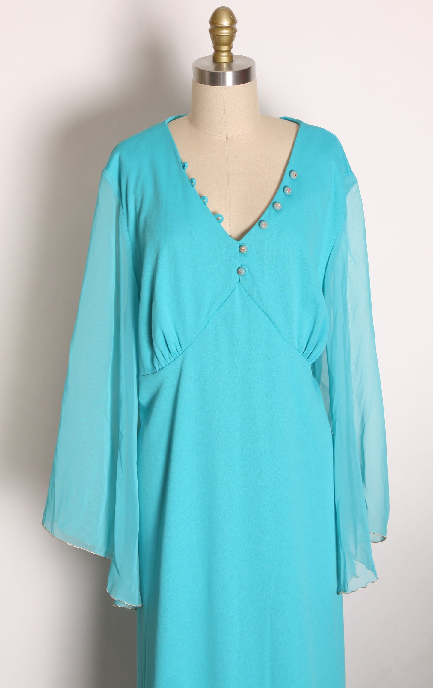 1970s Turquoise Blue and Gold Sleeve Trim Sheer Angel Wing Sleeve Full Length Formal Plus Size Prom Dress by Lily Lynn -2XL