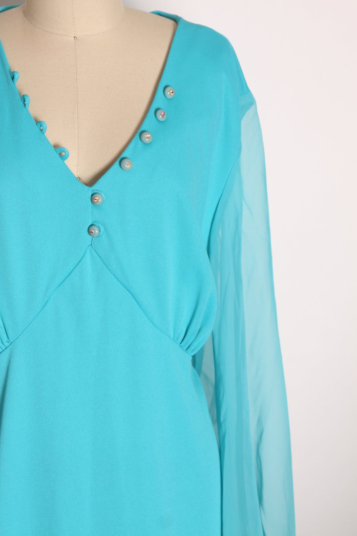 1970s Turquoise Blue and Gold Sleeve Trim Sheer Angel Wing Sleeve Full Length Formal Plus Size Prom Dress by Lily Lynn -2XL