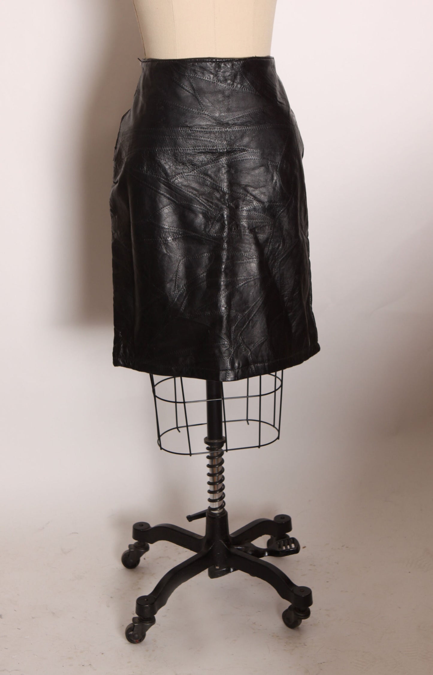 Deadstock 1980s Black Leather Stitched Patchwork Style Biker Pencil Skirt by Leather & Soul -M