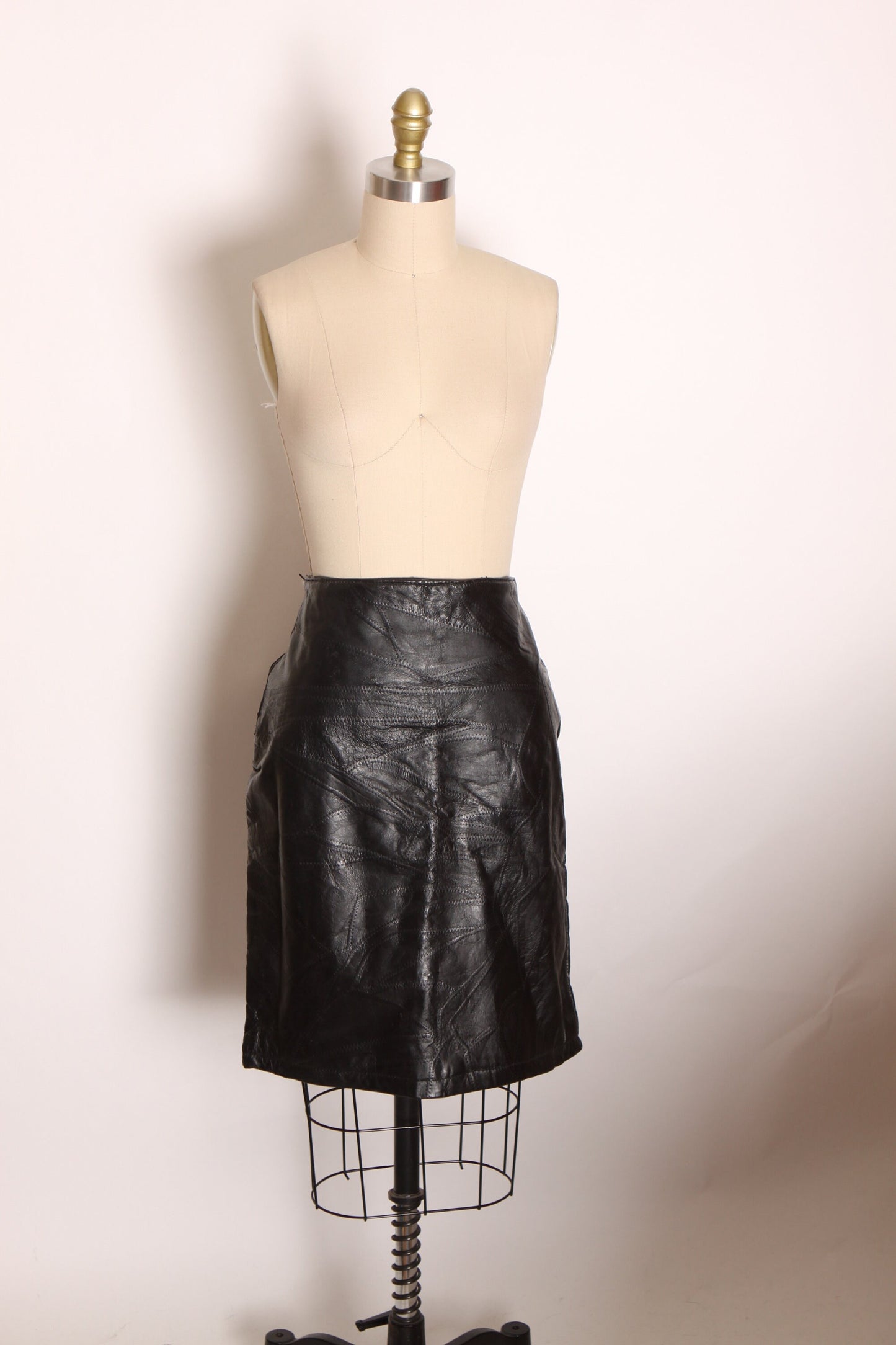 Deadstock 1980s Black Leather Stitched Patchwork Style Biker Pencil Skirt by Leather & Soul -M