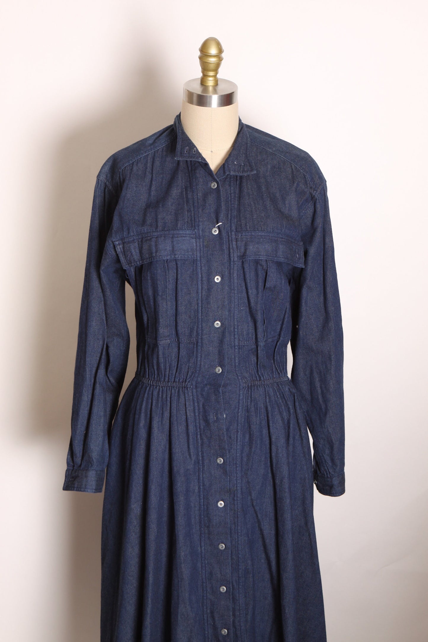 1980s Blue Denim Button Up Fit and Flare Long Sleeve Dress by Andrew Harvey -L