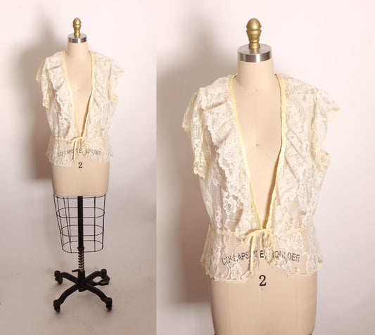 1970s Cream Lace Flutter Short Sleeve Sheer Lace Vest Blouse by Miss Joni -XL