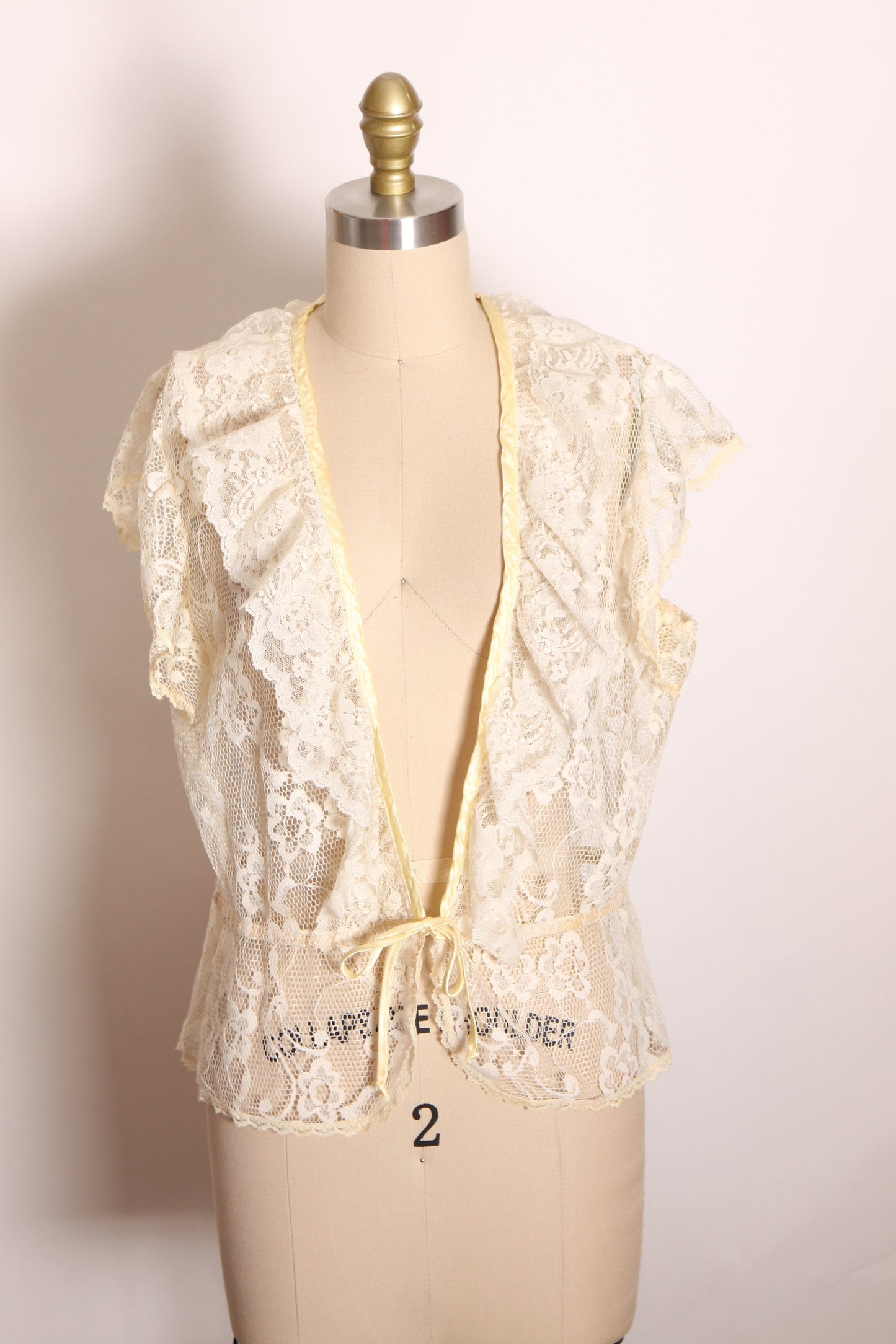 1970s Cream Lace Flutter Short Sleeve Sheer Lace Vest Blouse by Miss Joni -XL