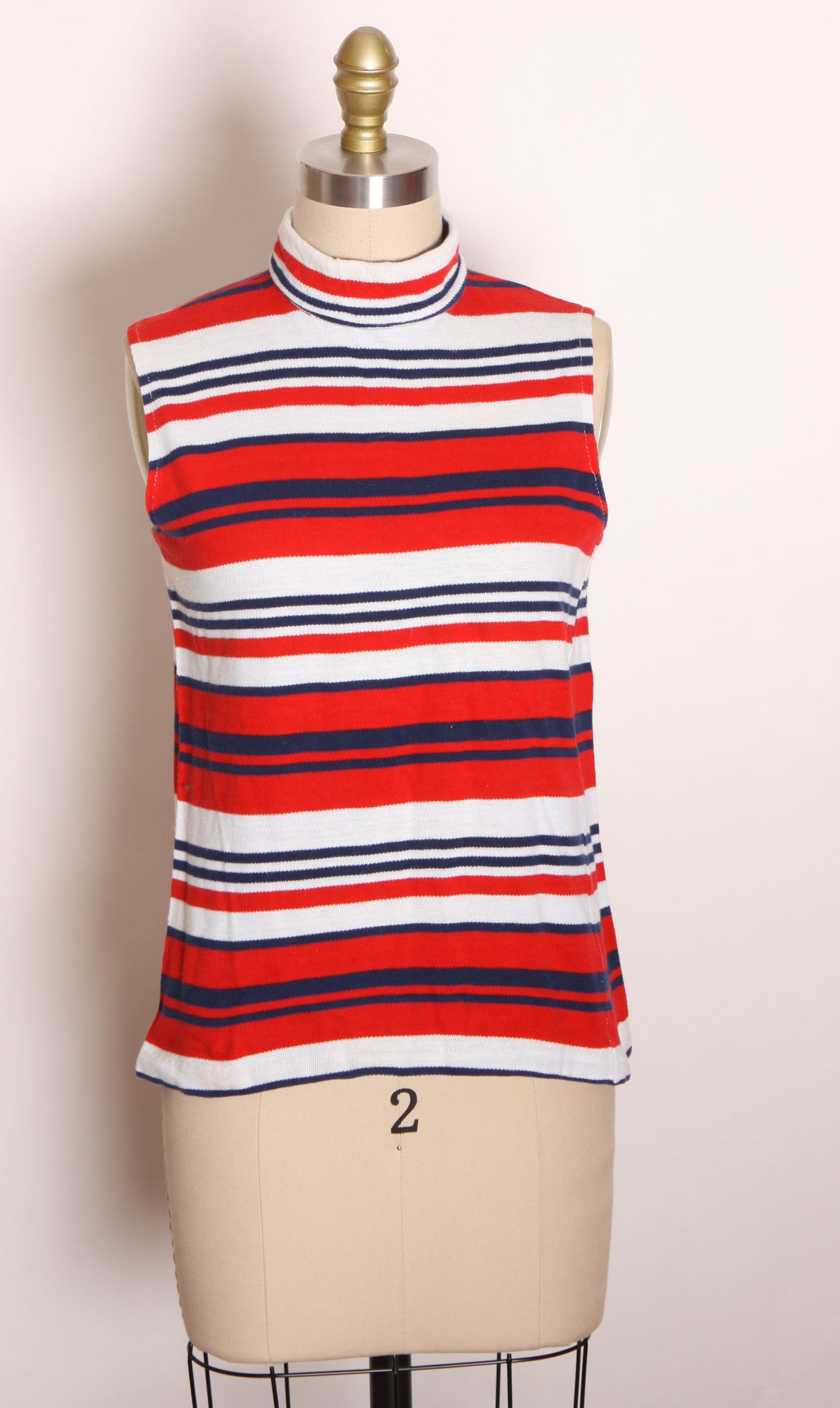 1970s Red, White and Blue Striped Sleeveless Blouse by Sears -S