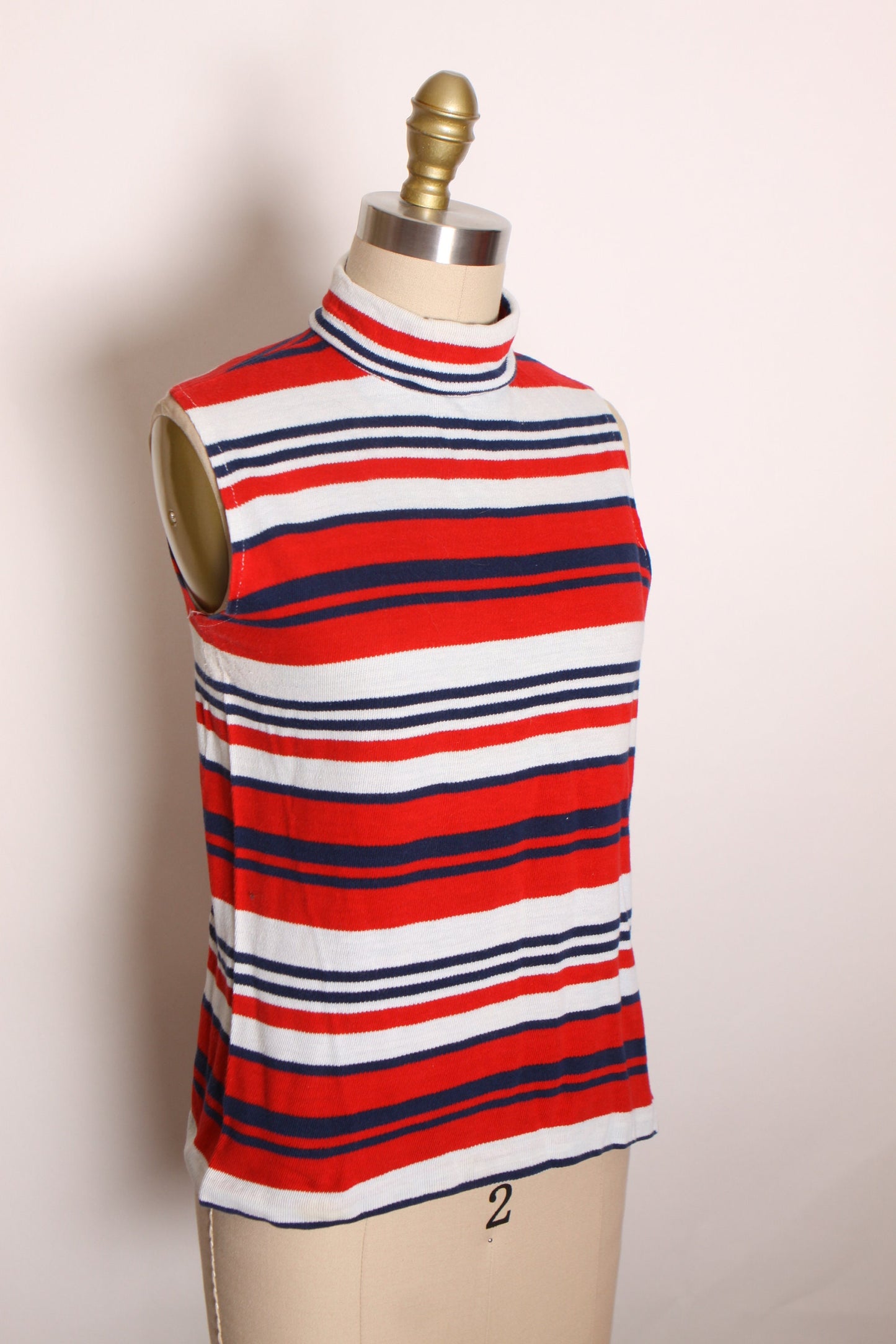 1970s Red, White and Blue Striped Sleeveless Blouse by Sears -S