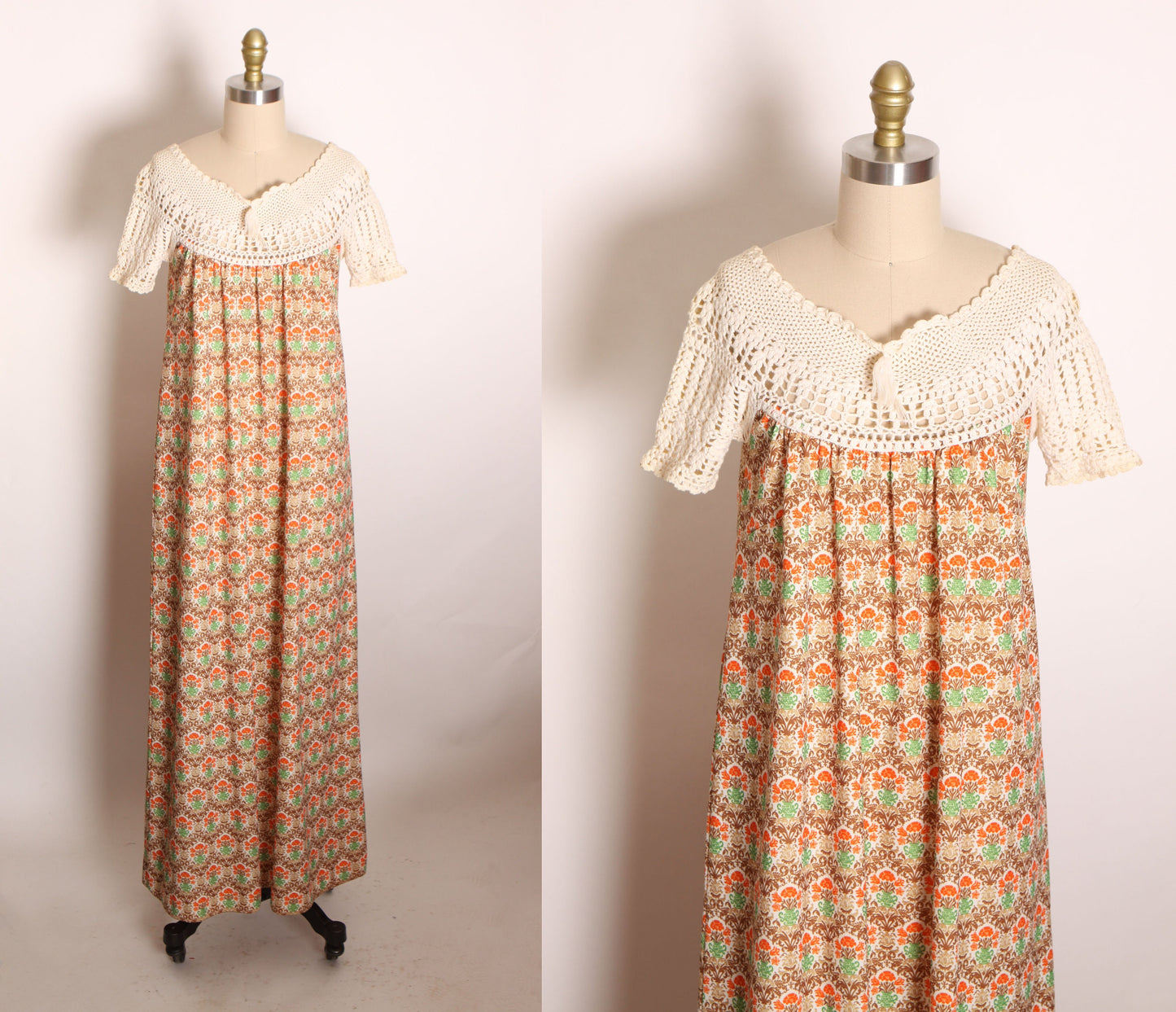 1970s Orange, Brown and Green Macrame Crochet Short Sleeve Floral Flower Pot Muu Muu Dress -XL