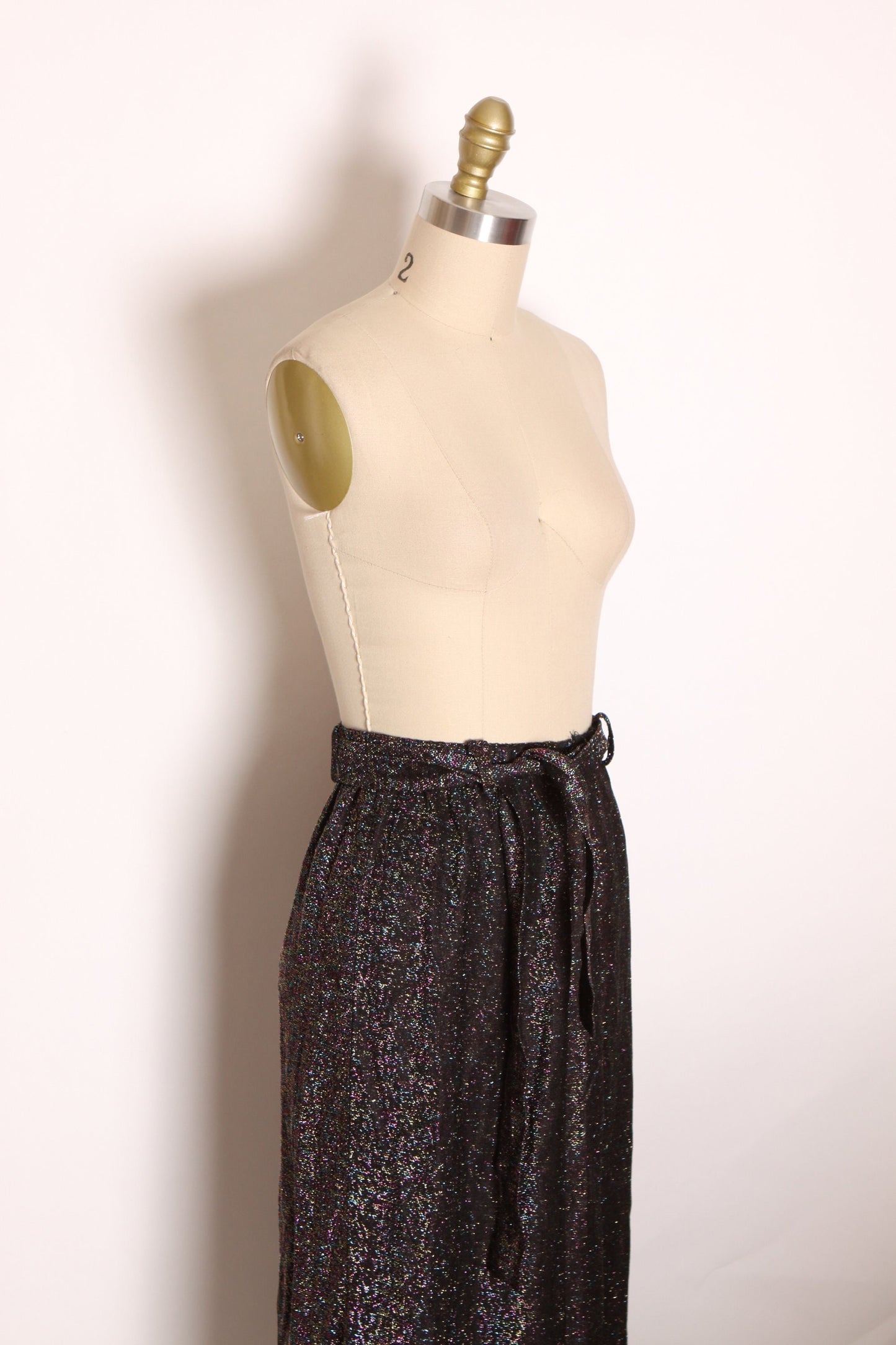 1960s 1970s Black and Rainbow Metallic Lurex Ankle Length Belted Skirt -S-M