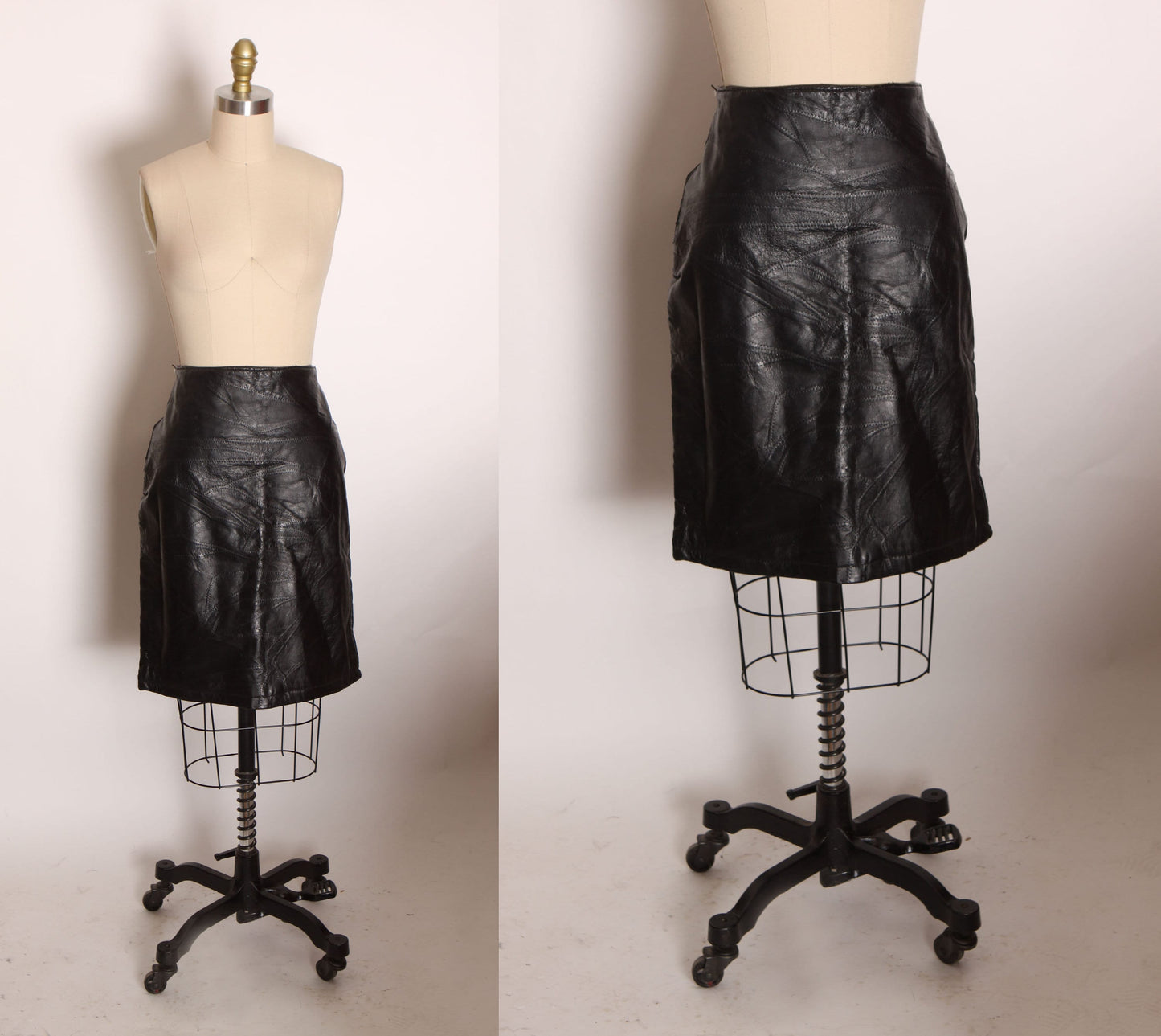 Deadstock 1980s Black Leather Stitched Patchwork Style Biker Pencil Skirt by Leather & Soul -M