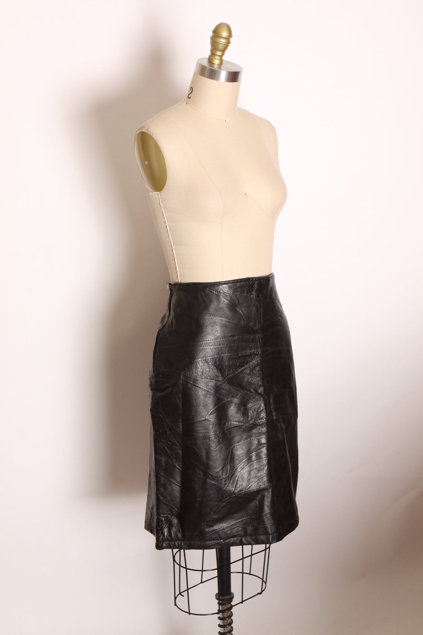 Deadstock 1980s Black Leather Stitched Patchwork Style Biker Pencil Skirt by Leather & Soul -M