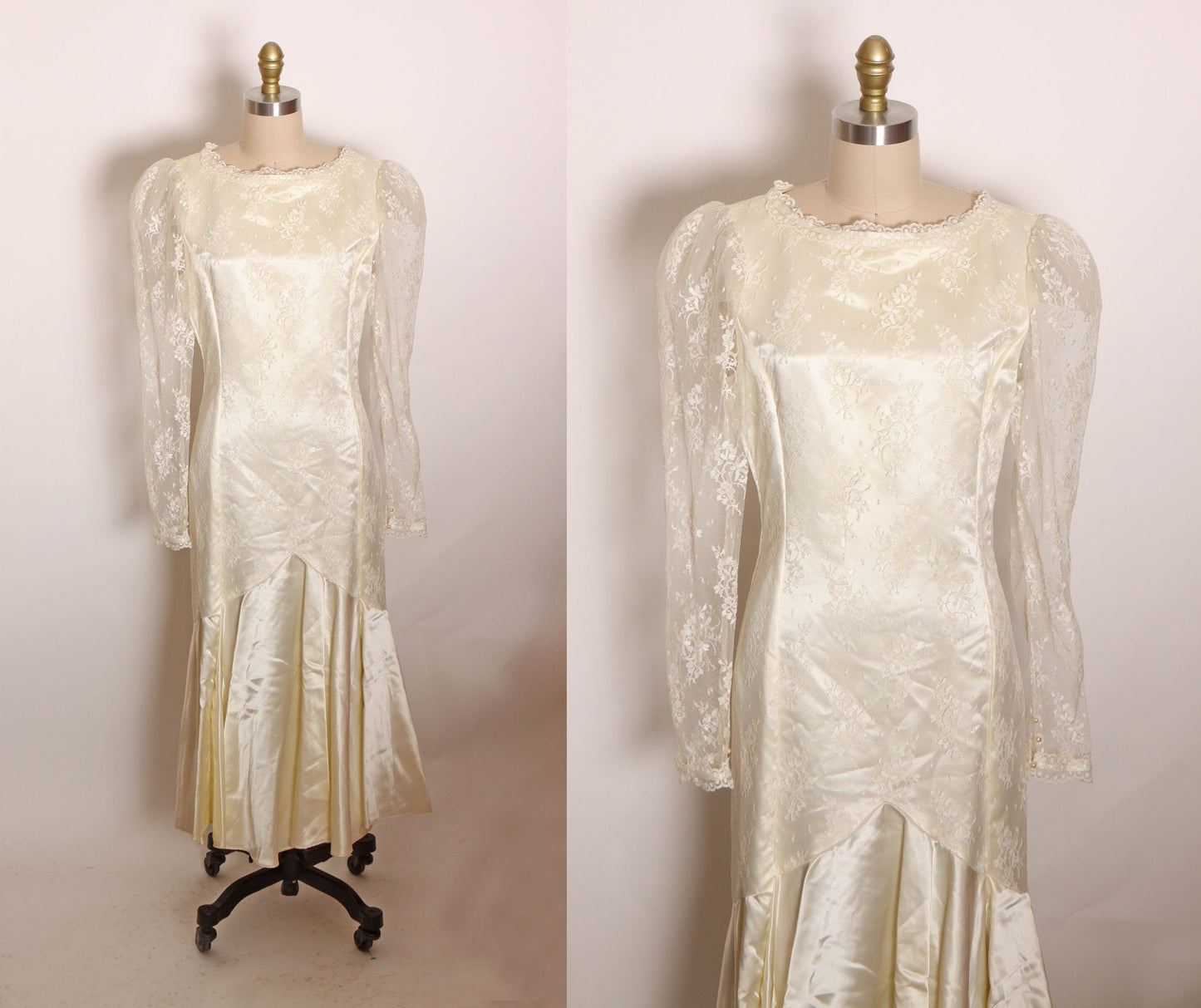 1980s Champagne Cream Off White Lace and Satin Sheer along Sleeve Mermaid Wedding Dress -S