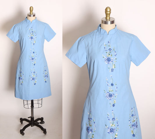 1960s Light Blue Short Sleeve Cheongsam Style Floral Embroidered 3D Flowers Mini Dress -S