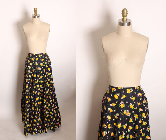 1970s Black, Yellow, Green and Pink Floral Full Length Prairie Cottagecore Skirt by Lanz Original  -M