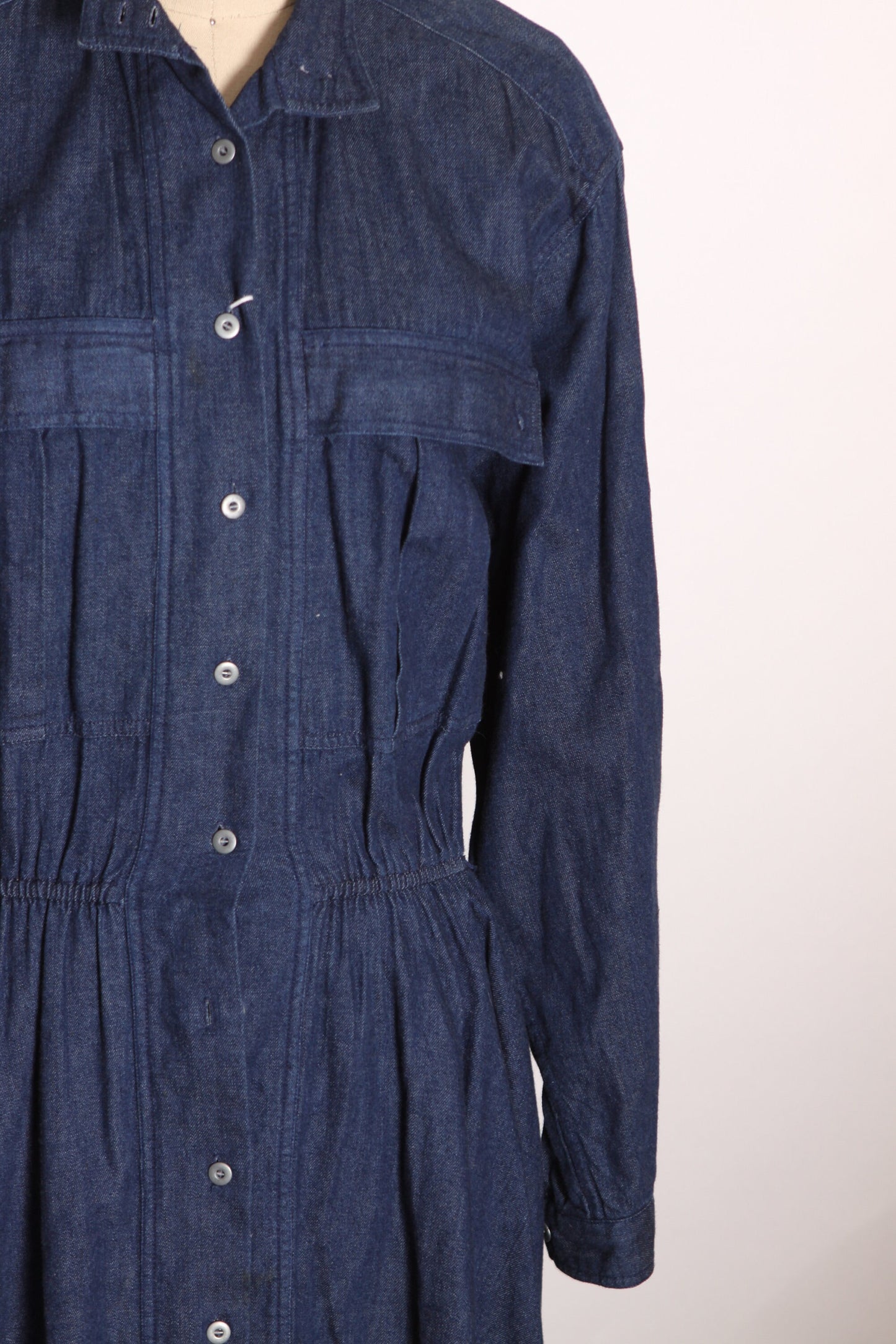 1980s Blue Denim Button Up Fit and Flare Long Sleeve Dress by Andrew Harvey -L