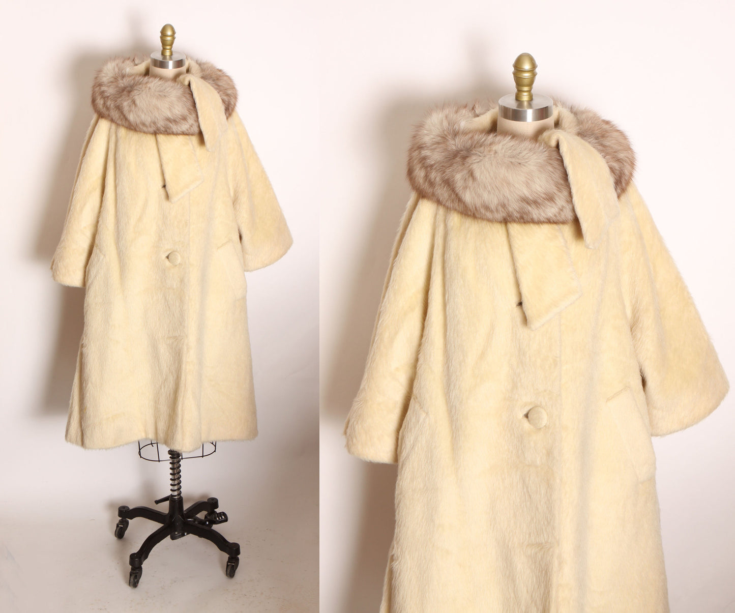 1950s 1960s Cream Off White Fuzzy Mohair Gray and White Fox Fur Collar Scarf Wrap Swing Coat by Lilli Ann -XL