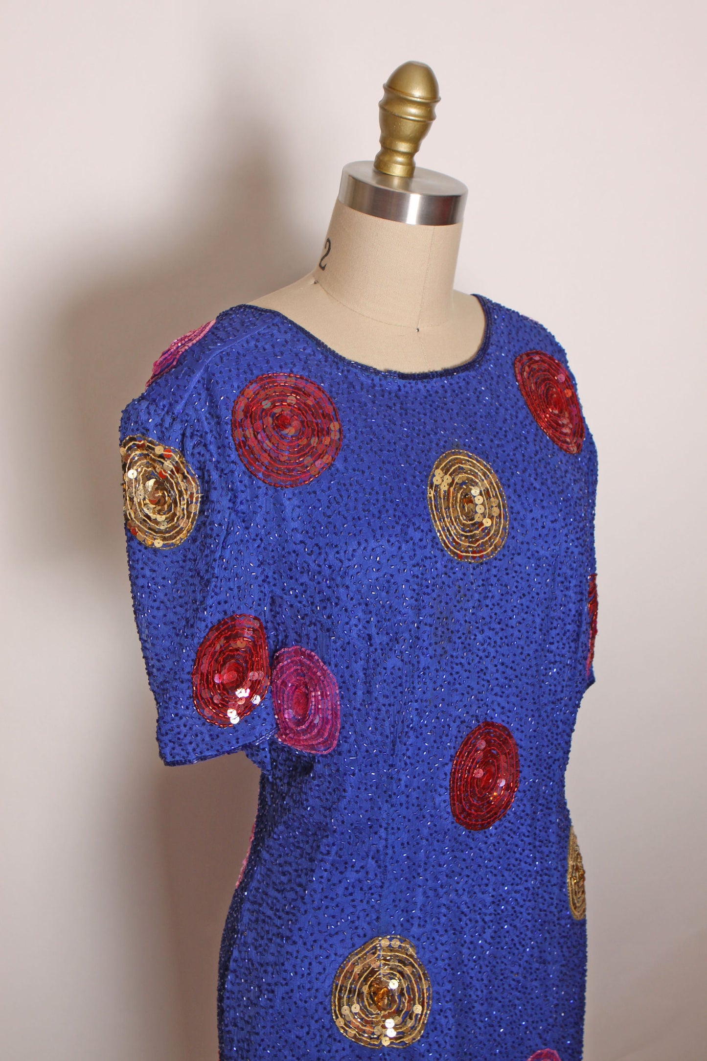 1980s Blue, Pink and Gold Oversized Circle Polka Dot Short Sleeve Formal Dress by Leslie Fay Evenings -M