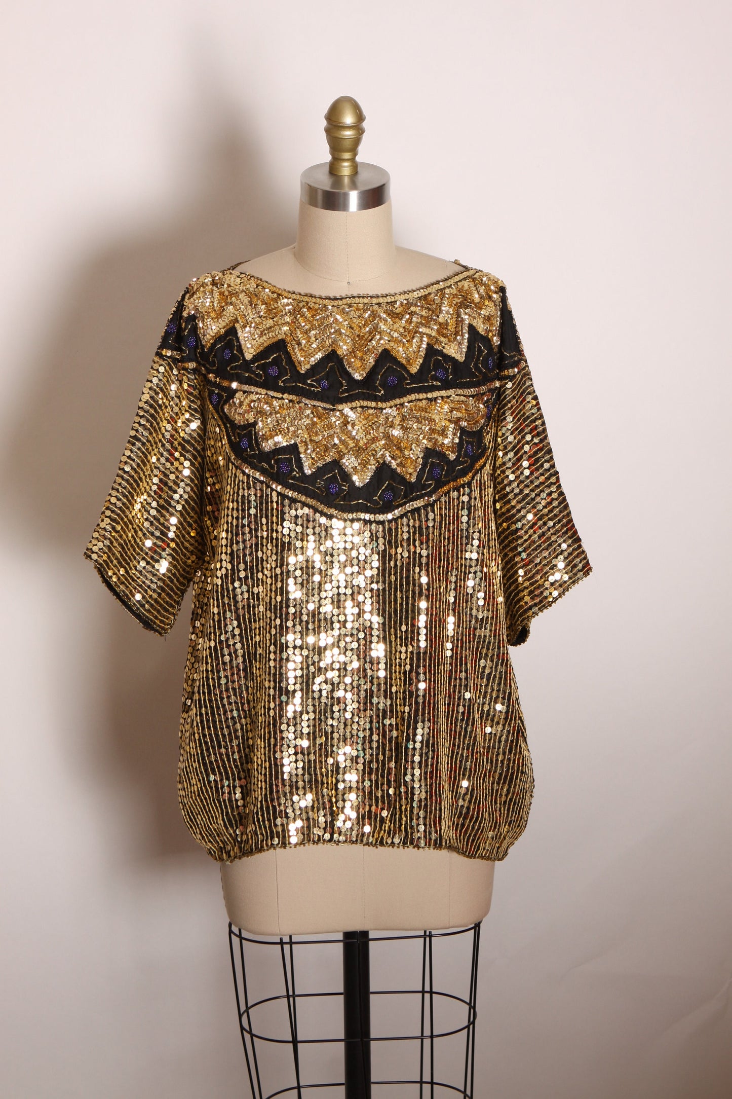 1980s Gold, Black and Blue Half Sleeve Zig Zag Pullover Silk and Sequin Blouse -XL