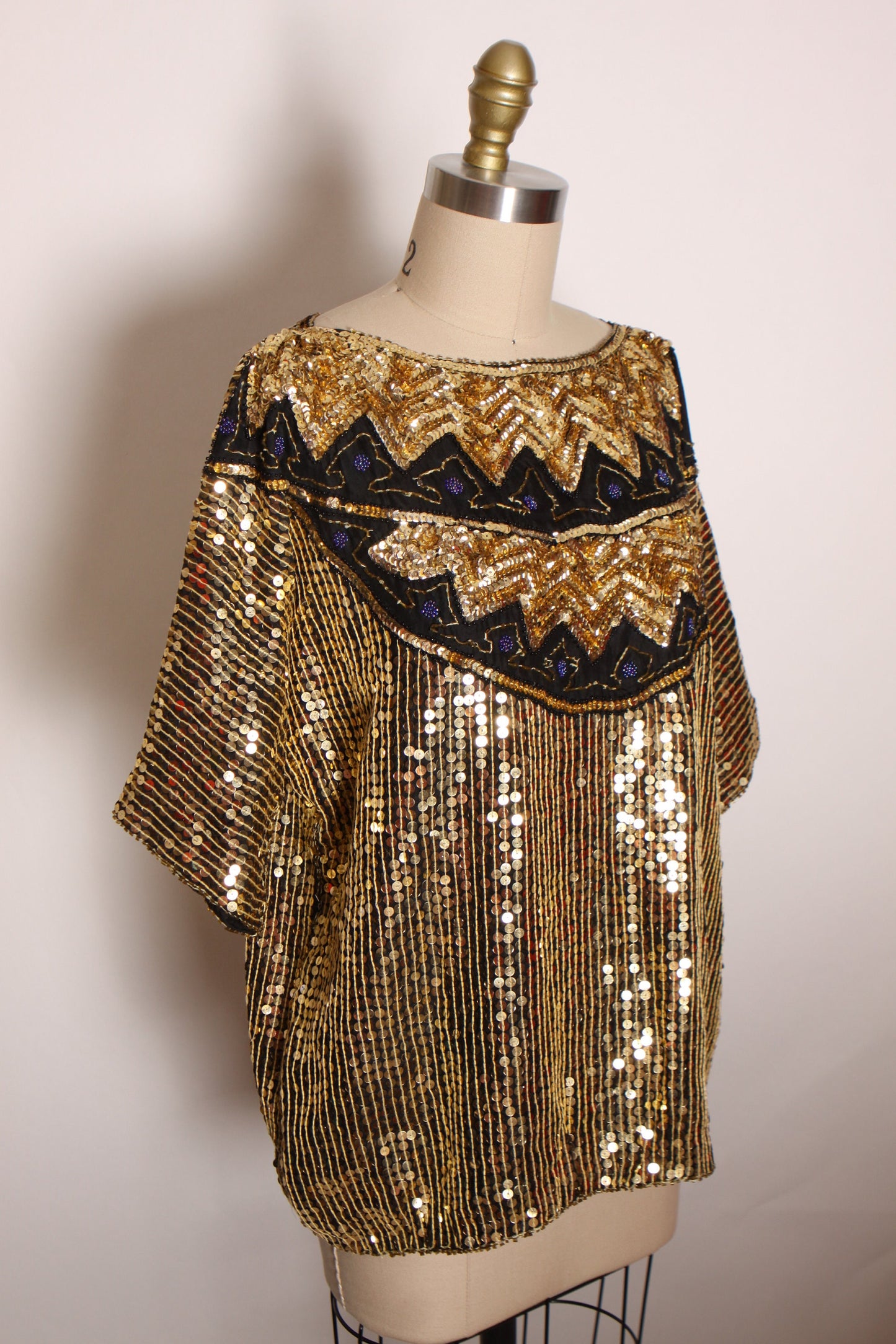 1980s Gold, Black and Blue Half Sleeve Zig Zag Pullover Silk and Sequin Blouse -XL