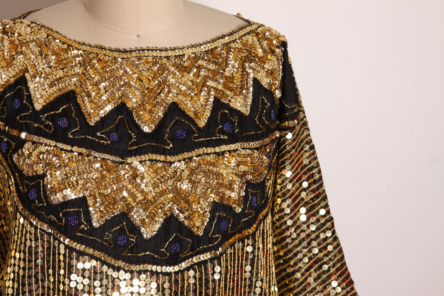 1980s Gold, Black and Blue Half Sleeve Zig Zag Pullover Silk and Sequin Blouse -XL