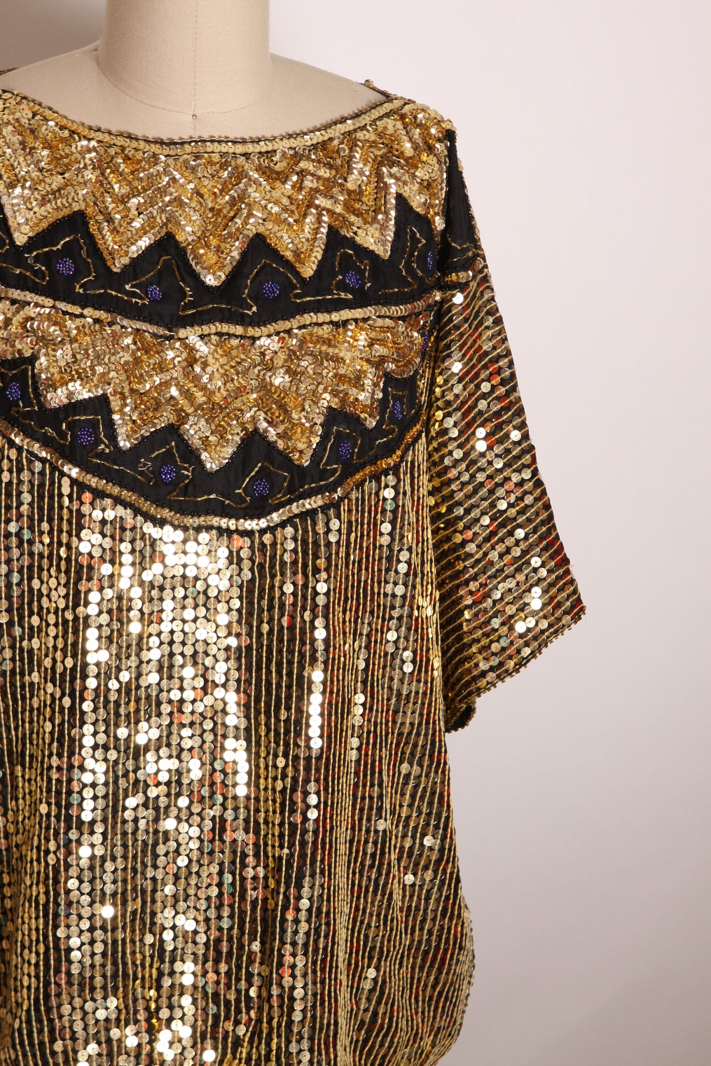 1980s Gold, Black and Blue Half Sleeve Zig Zag Pullover Silk and Sequin Blouse -XL