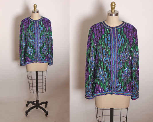 1980s Blue, Purple and Green Geometric Long Sleeve Beaded and Sequin Long Sleeve Cardigan Jacket Silk Jacket