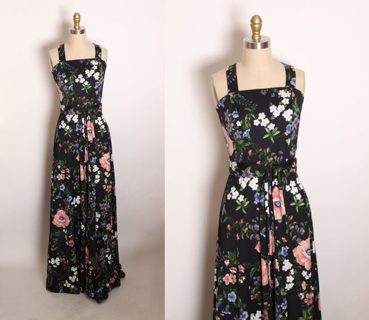 1970s Black, White, Blue, Green and Pink Floral Criss Cross Wide Strap Full Length Dress -S