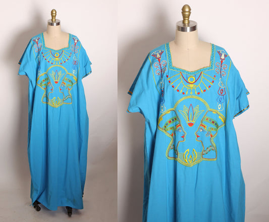 1980s Turquoise, Golden Yellow and Red Novelty Embroidered Egyptian Short Sleeve Caftan Dress