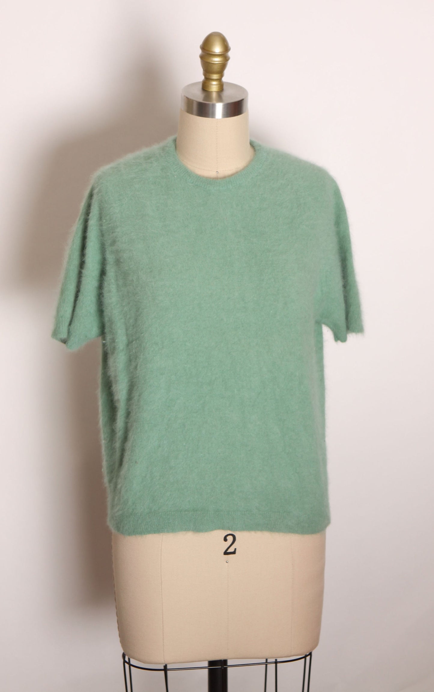 1950s 1960s Mint Blue Green Short Sleeve Angora Pullover Sweater Blouse -L