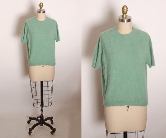 1950s 1960s Mint Blue Green Short Sleeve Angora Pullover Sweater Blouse -L