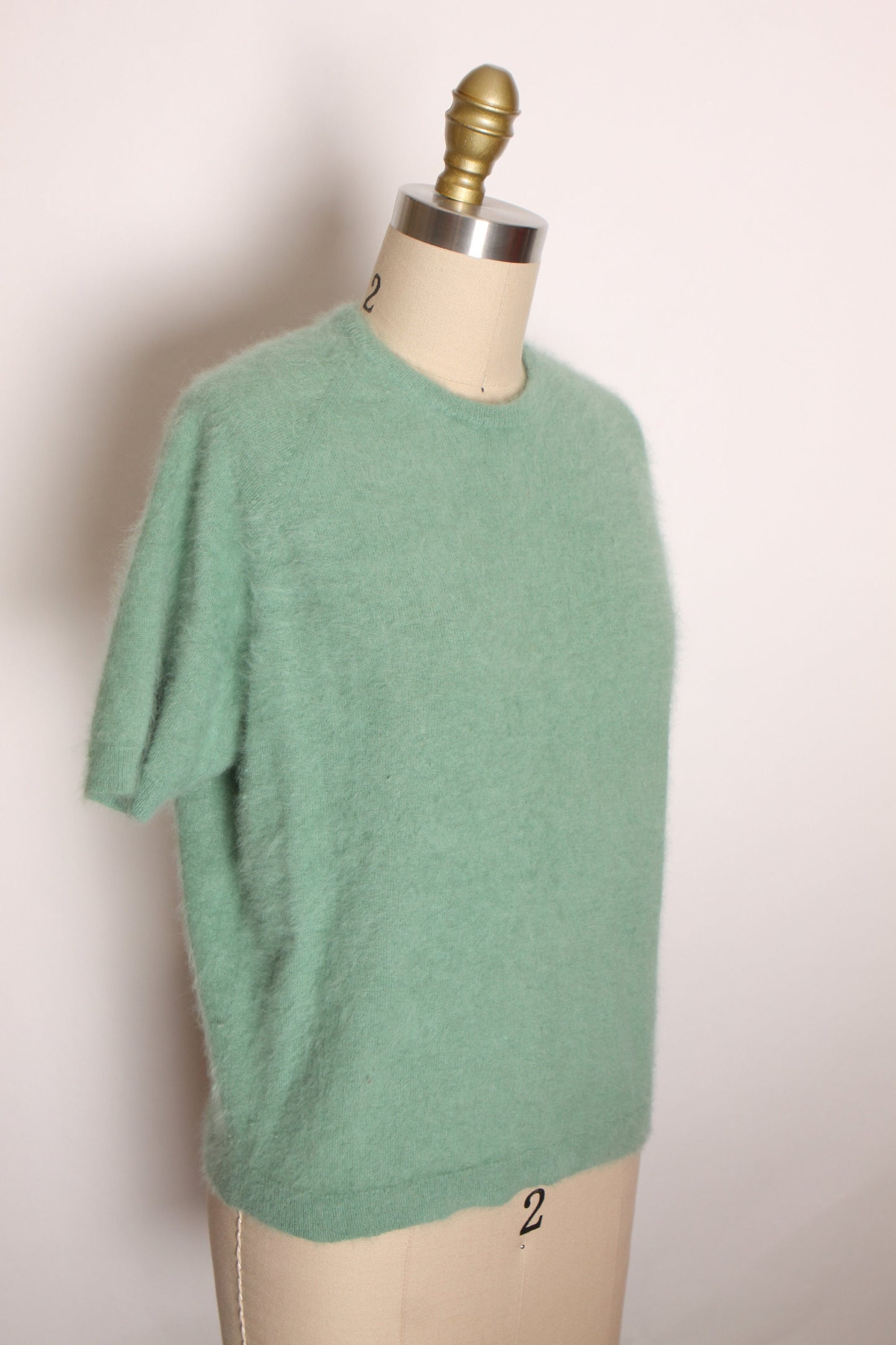 1950s 1960s Mint Blue Green Short Sleeve Angora Pullover Sweater Blouse -L