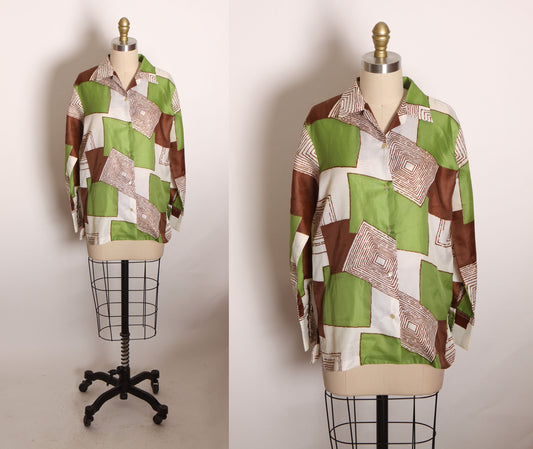 1960s White, Green and Brown Funky Mod Abstract Geometric Long Sleeve Pointed Collar Button Up Blouse -L