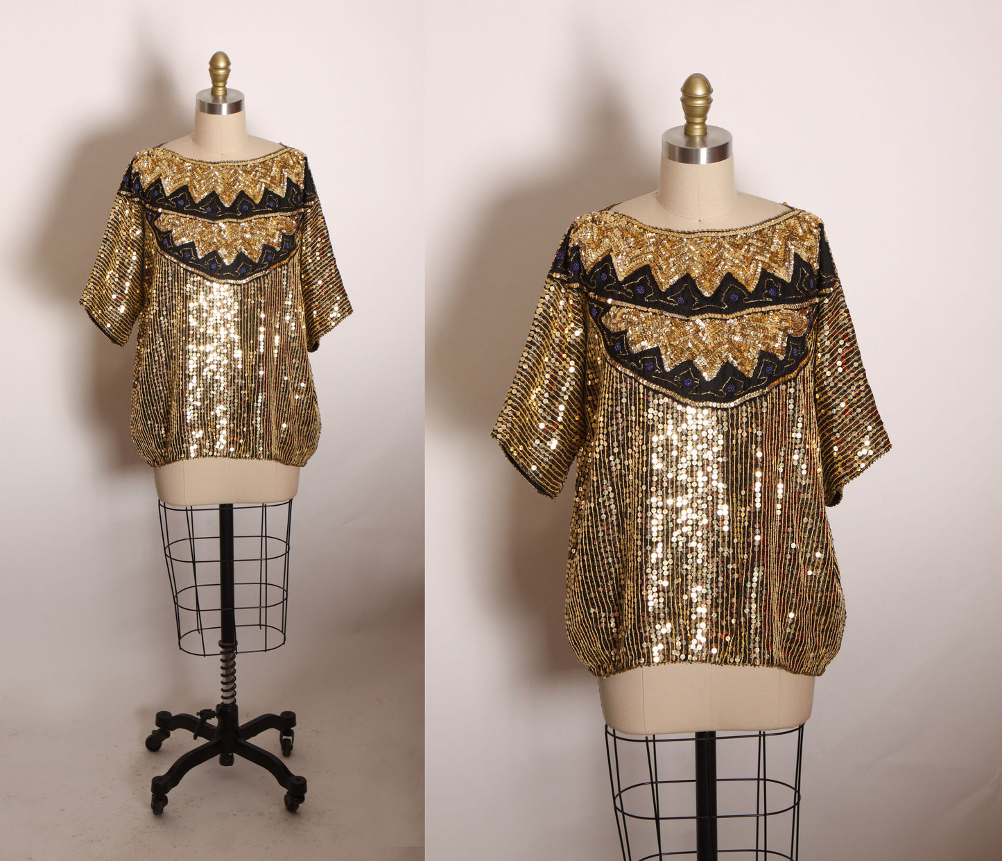 1980s Gold, Black and Blue Half Sleeve Zig Zag Pullover Silk and Sequin Blouse -XL