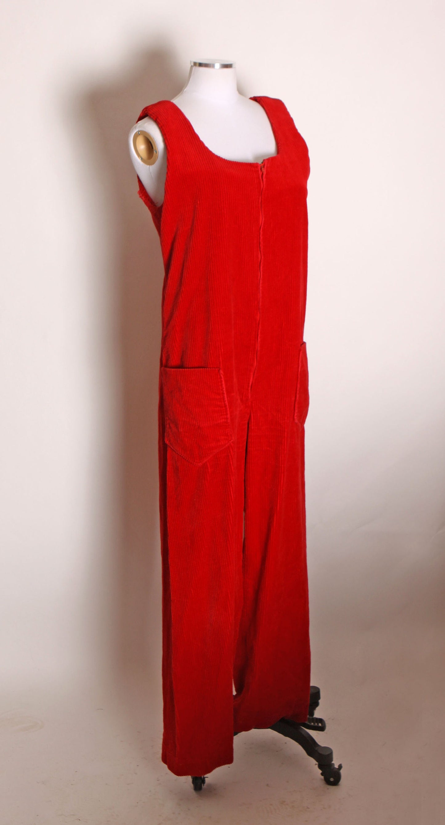 1970s Red Velvet Corduroy Sleeveless One Piece Zip Up Front Romper Jumpsuit -L