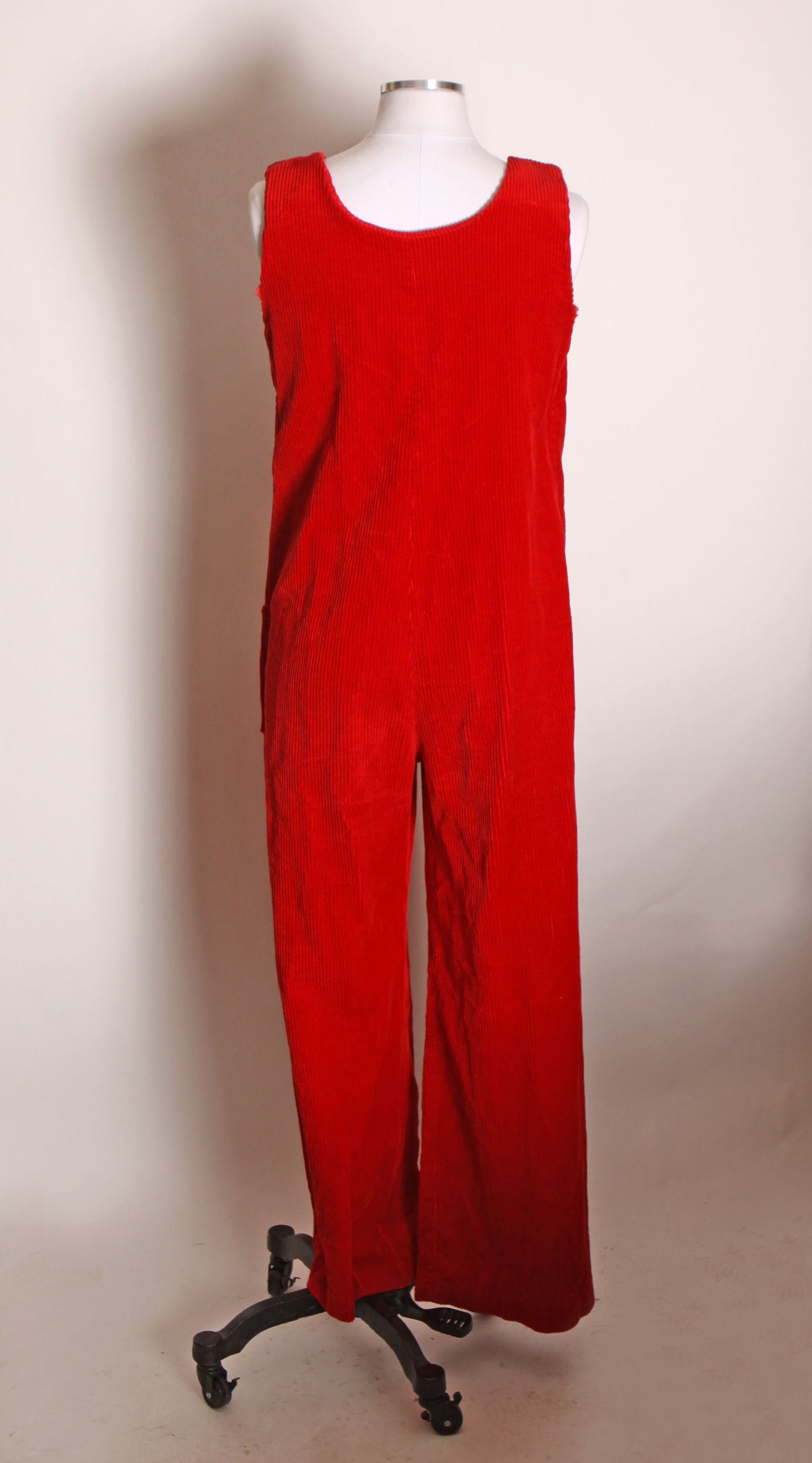 1970s Red Velvet Corduroy Sleeveless One Piece Zip Up Front Romper Jumpsuit -L