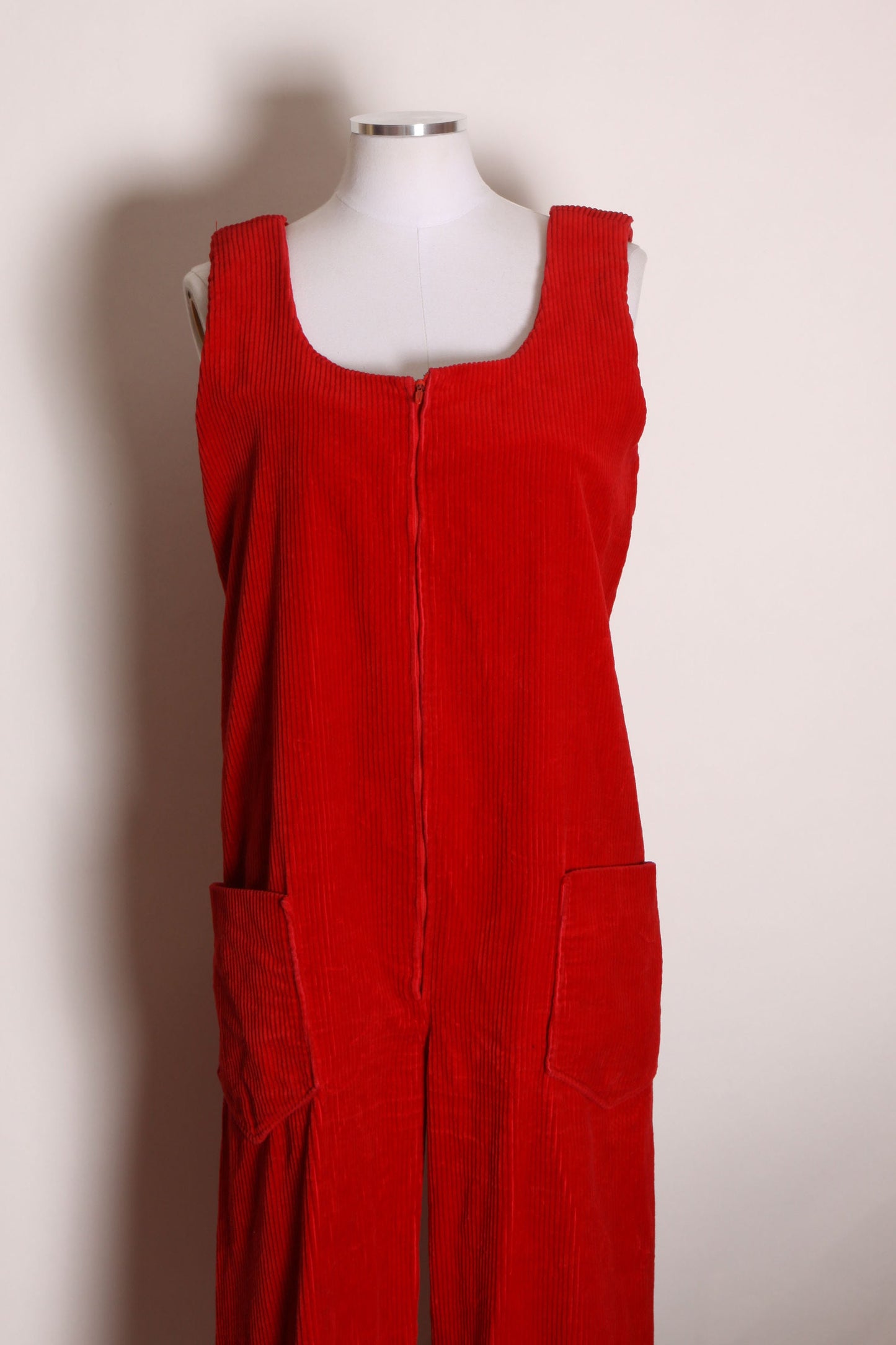 1970s Red Velvet Corduroy Sleeveless One Piece Zip Up Front Romper Jumpsuit -L