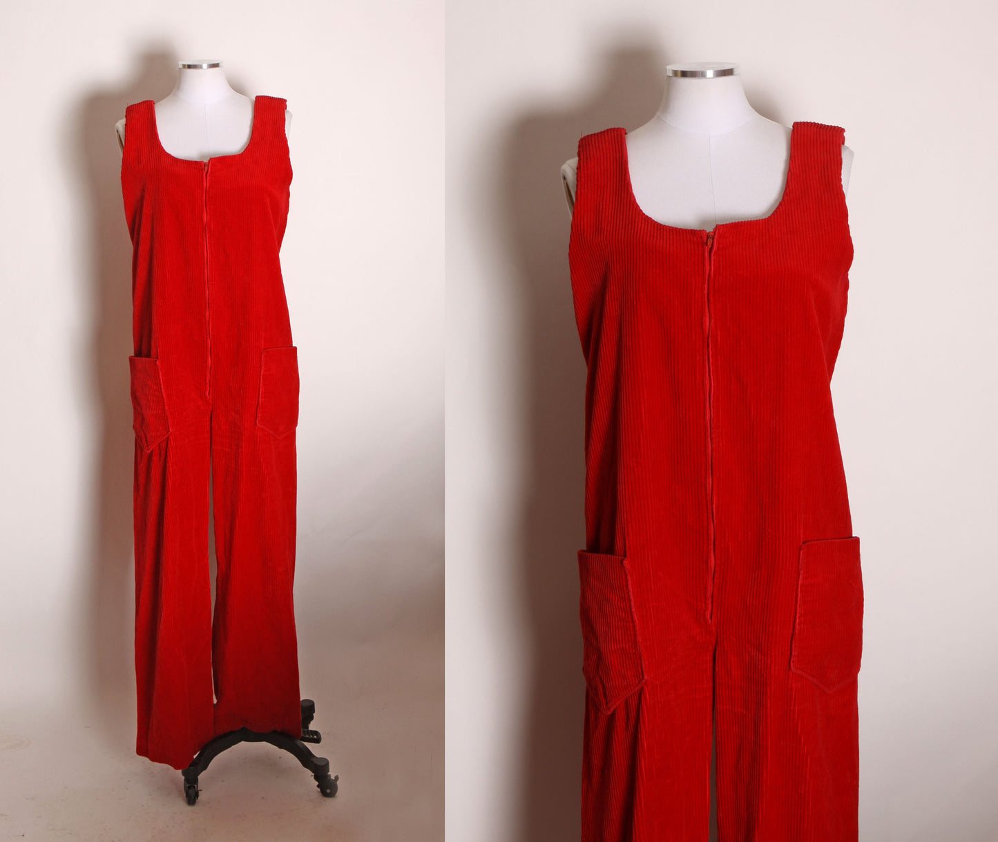 1970s Red Velvet Corduroy Sleeveless One Piece Zip Up Front Romper Jumpsuit -L