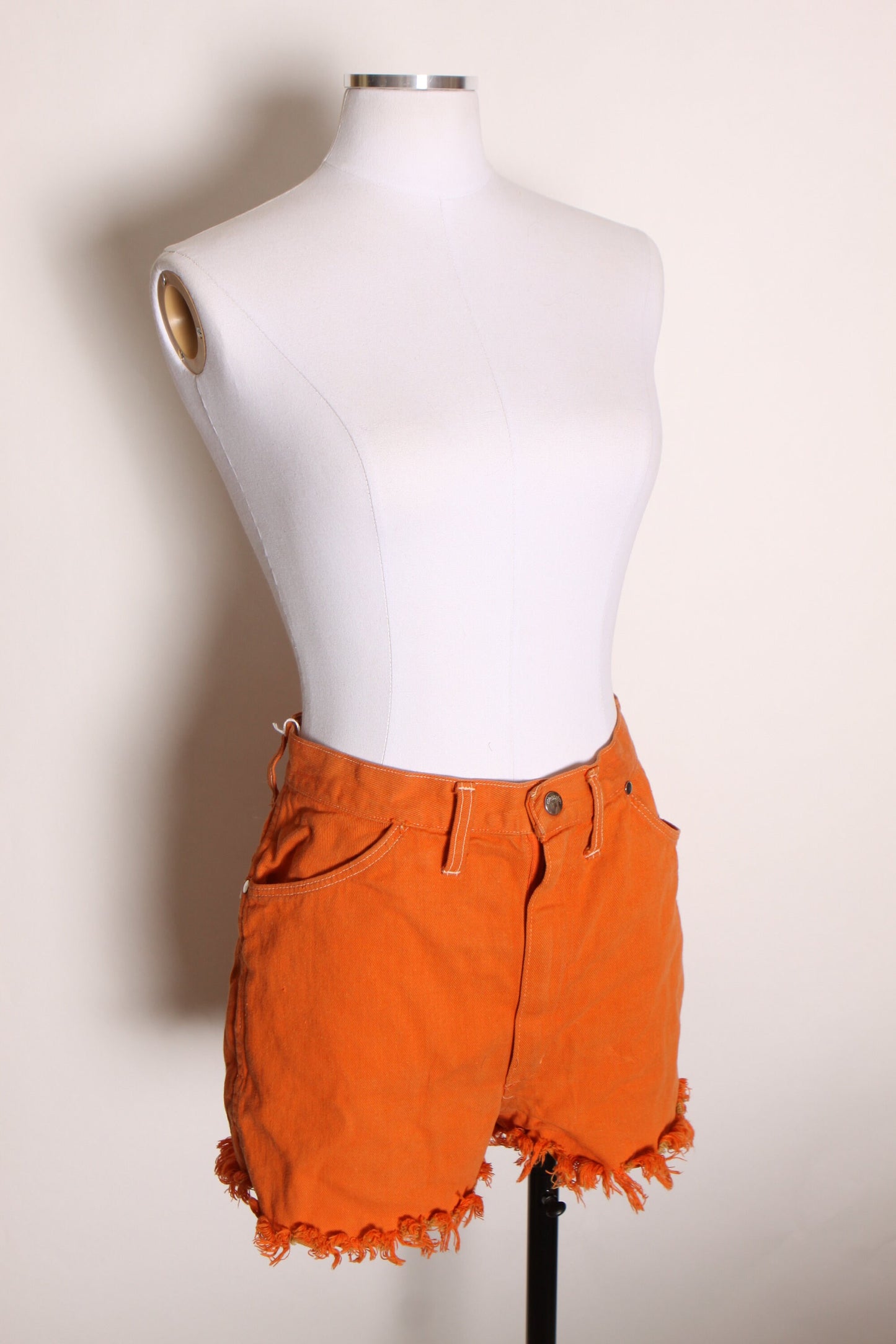 1970s Orange Denim Cut Off Fringe Frayed High Waisted Shorts by Wrangler -M