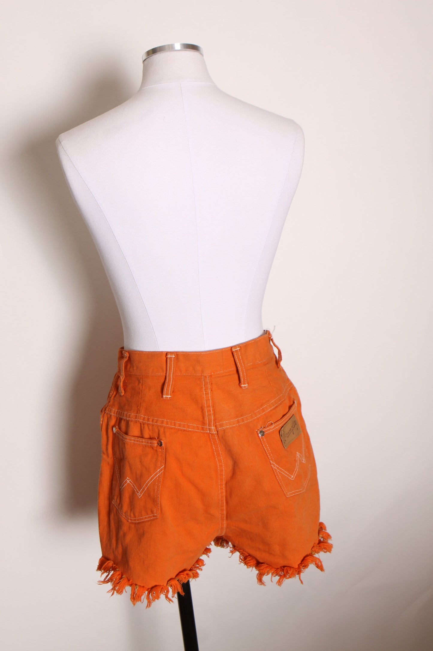 1970s Orange Denim Cut Off Fringe Frayed High Waisted Shorts by Wrangler -M