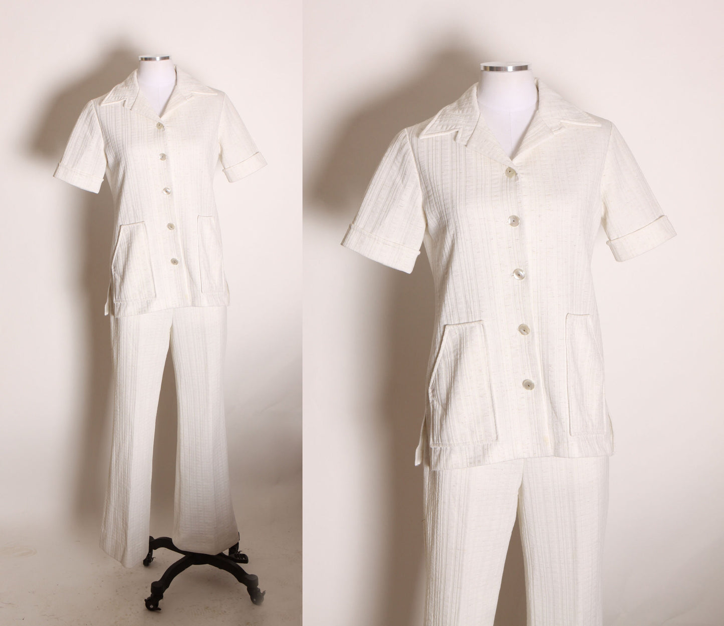 1970s White and Gray Flecked Two Piece Short Sleeve Blouse Top with Matching High Waisted Pants Leisure Suit by Prince of Dallas -M