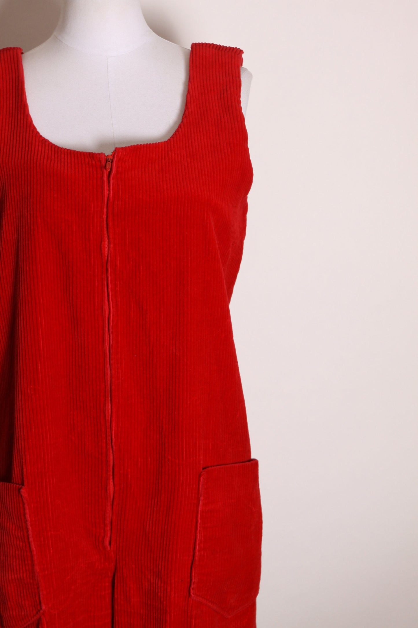 1970s Red Velvet Corduroy Sleeveless One Piece Zip Up Front Romper Jumpsuit -L