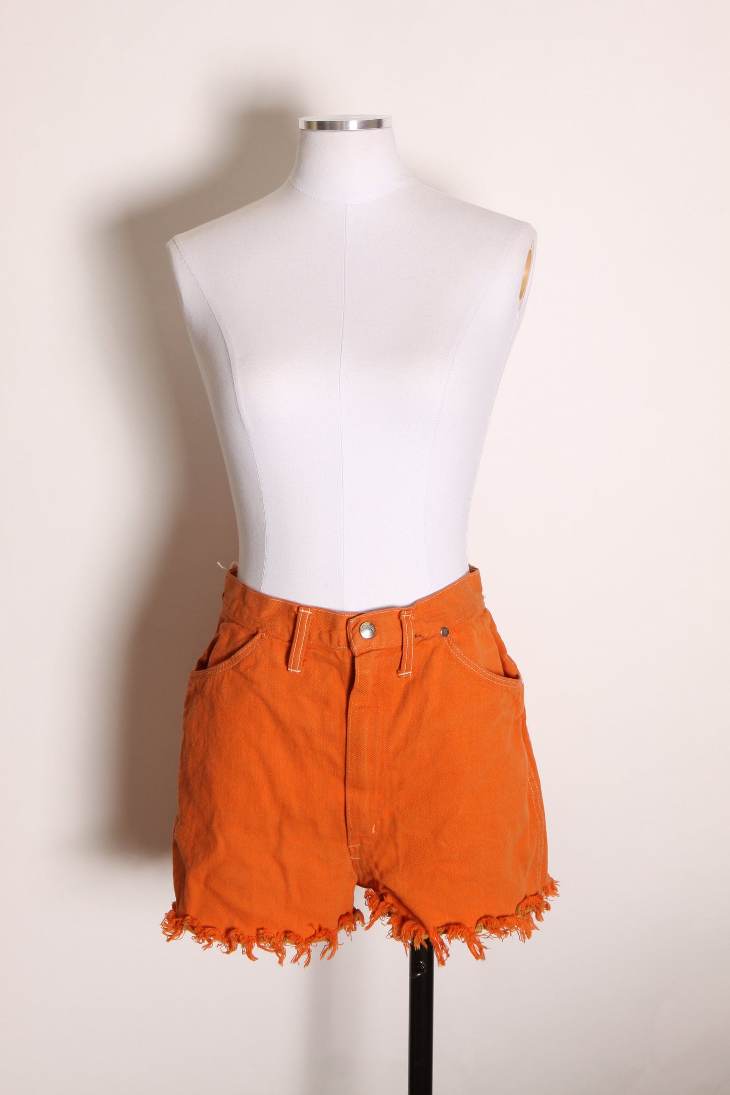 1970s Orange Denim Cut Off Fringe Frayed High Waisted Shorts by Wrangler -M