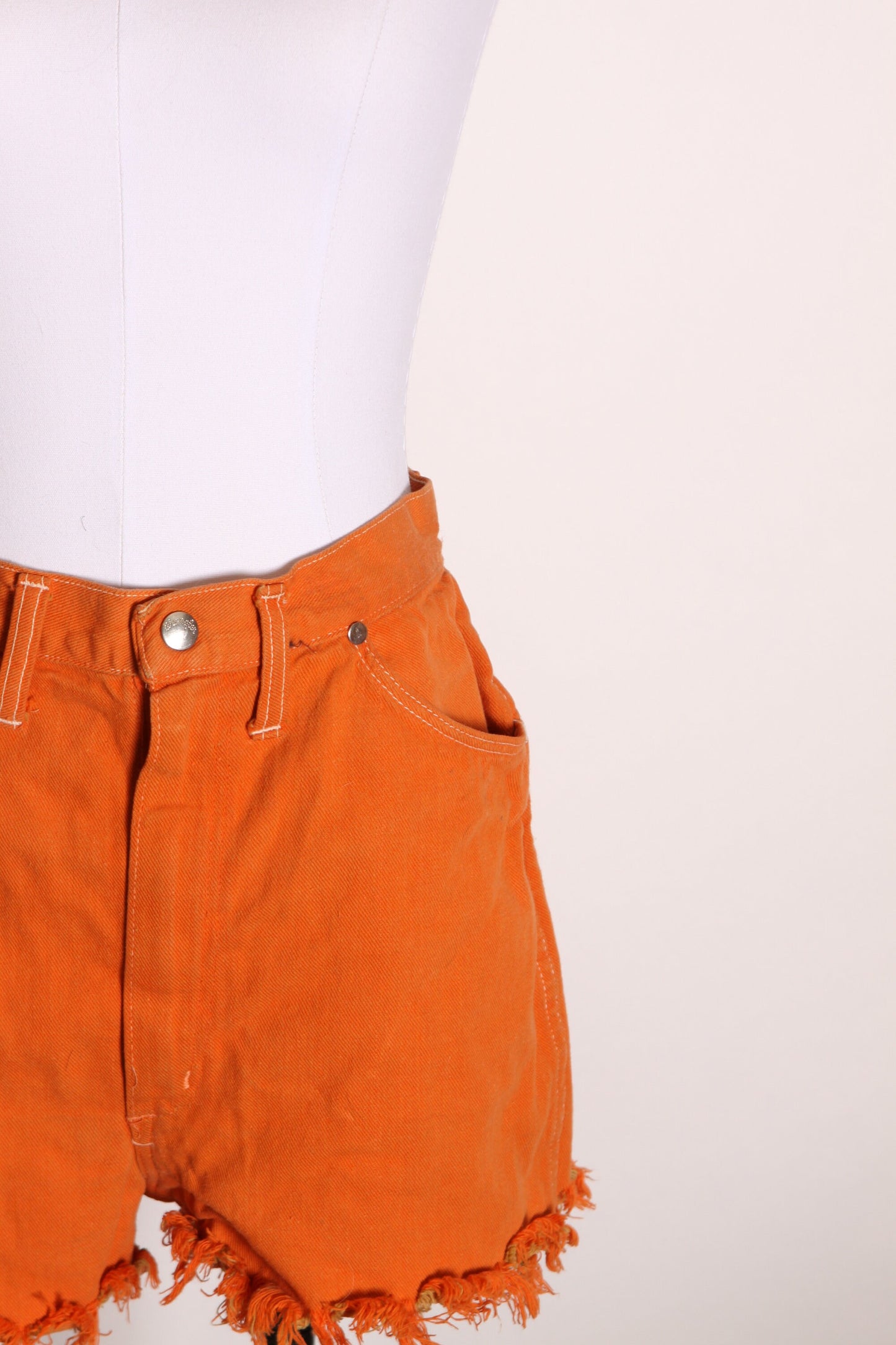 1970s Orange Denim Cut Off Fringe Frayed High Waisted Shorts by Wrangler -M