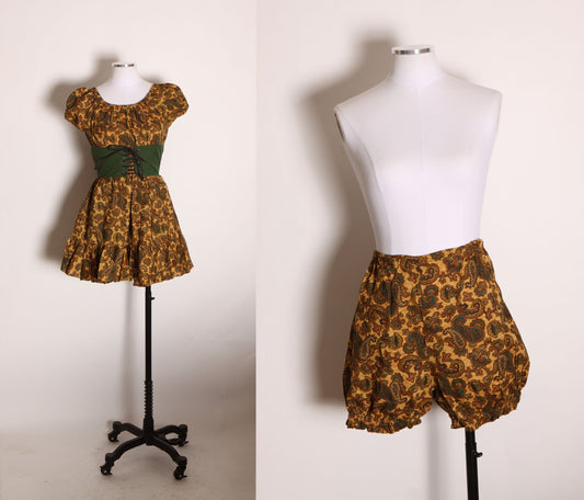 1960s Forest Green and Brown Paisley Puffy Short Sleeve Lace Up Corset Bodice Mini Dress with Matching Bloomers Renaissance Faire Outfit -XS