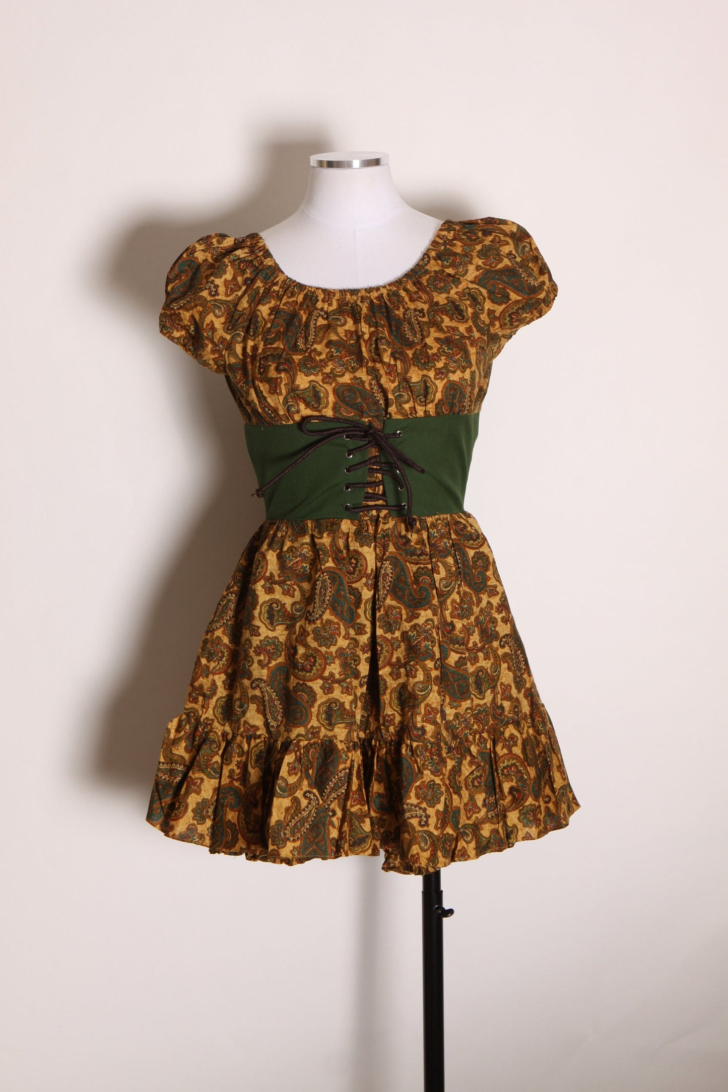 1960s Forest Green and Brown Paisley Puffy Short Sleeve Lace Up Corset Bodice Mini Dress with Matching Bloomers Renaissance Faire Outfit -XS