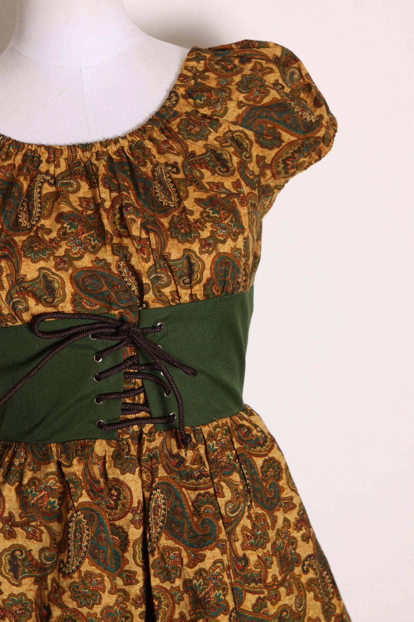 1960s Forest Green and Brown Paisley Puffy Short Sleeve Lace Up Corset Bodice Mini Dress with Matching Bloomers Renaissance Faire Outfit -XS