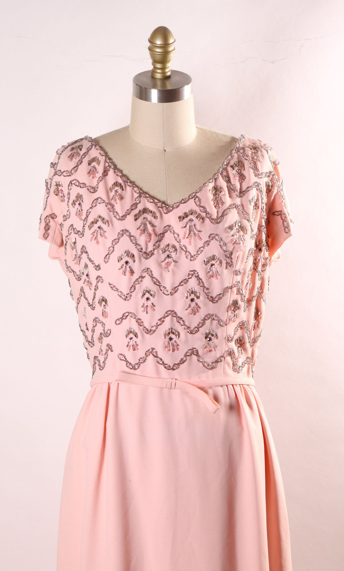 1960s Light Pink Short Sleeve Silver and Pink Beaded Full Length Formal Dress -M