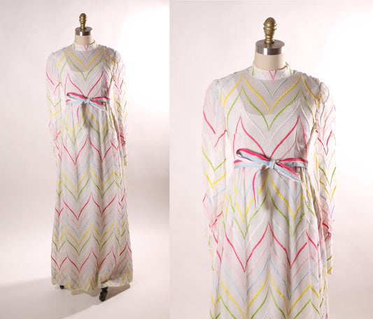 1960s White and Rainbow Striped Embroidered Long Sleeve Full Length Formal Cocktail Dress -XS