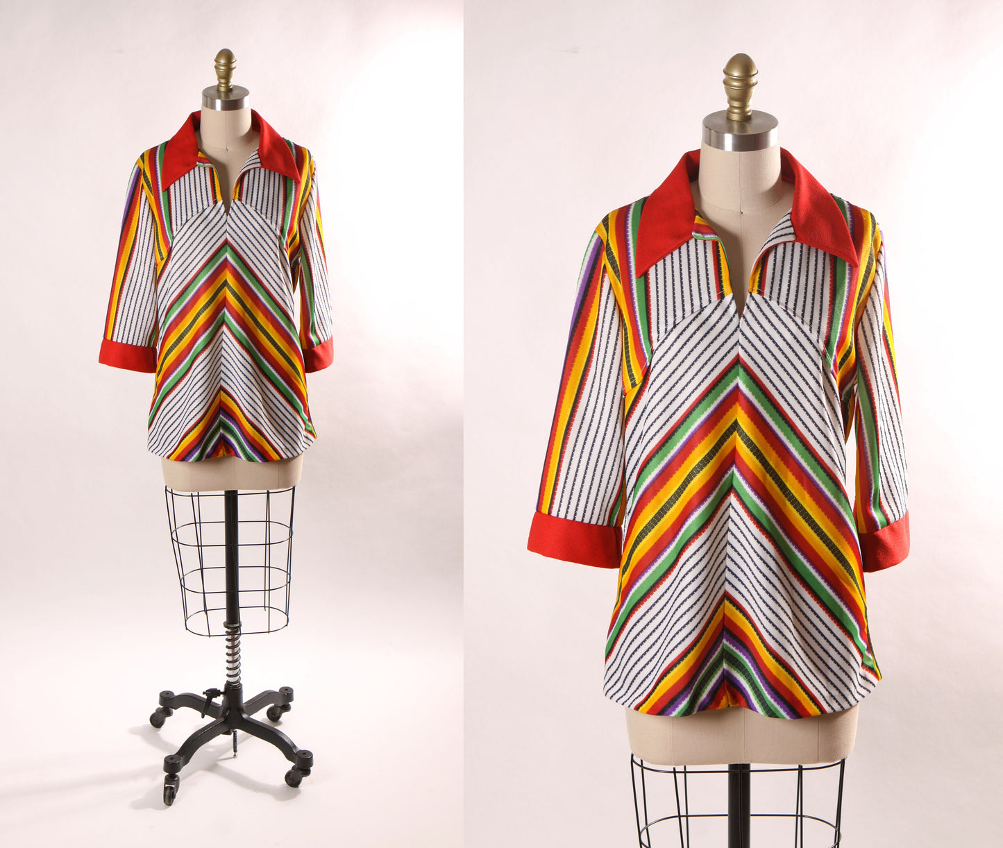 1970s White and Multi-Colored Rainbow Stripe Serape Look 3/4 Length Sleeve Pullover Blouse -L