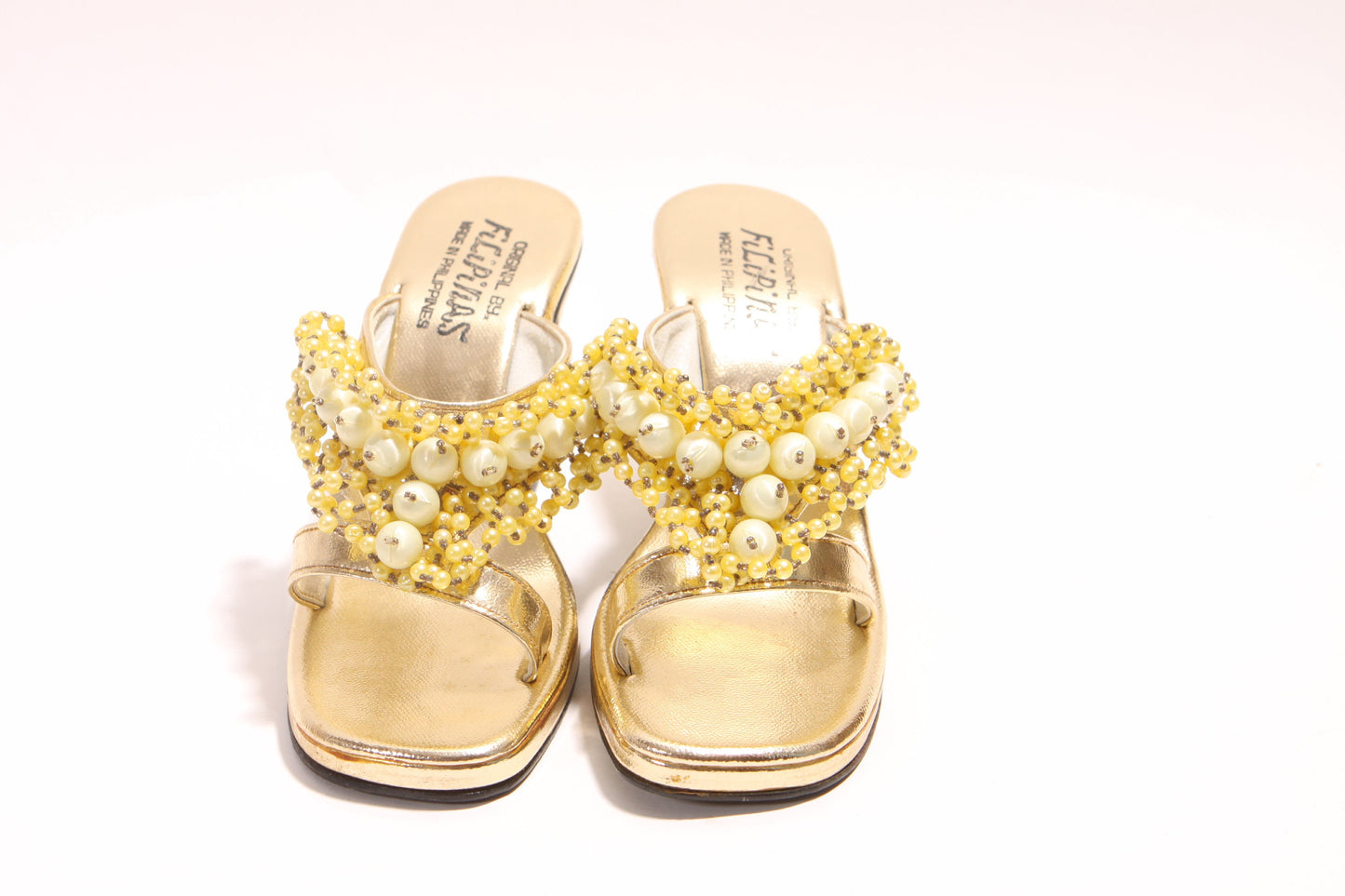 1970s Gold Metallic Yellow and Cream Beaded High Heel Strappy Sandal High Heels by Originales Filipinas -Size 6