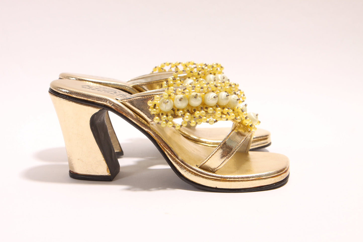 1970s Gold Metallic Yellow and Cream Beaded High Heel Strappy Sandal High Heels by Originales Filipinas -Size 6